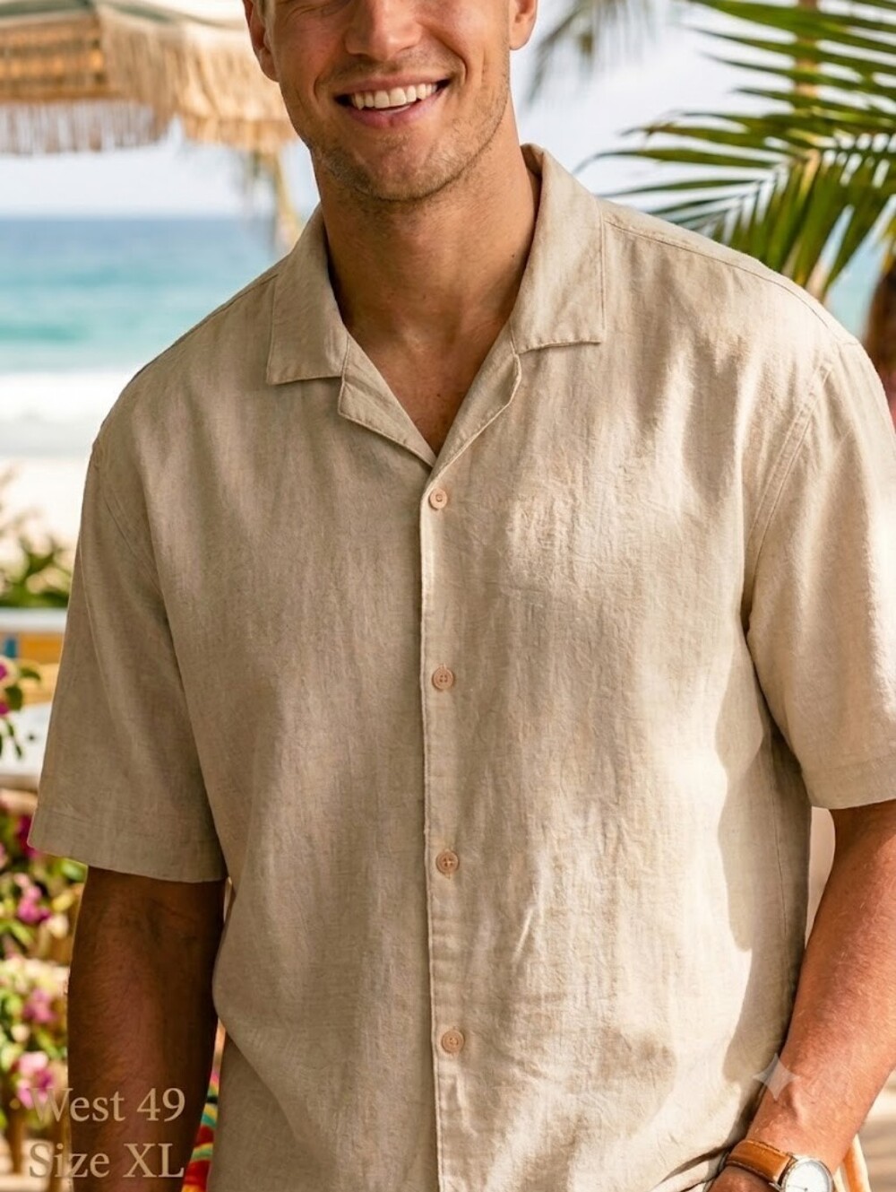 Linen Blend XL Neutral Beach Summer Vacation Casual Aloha